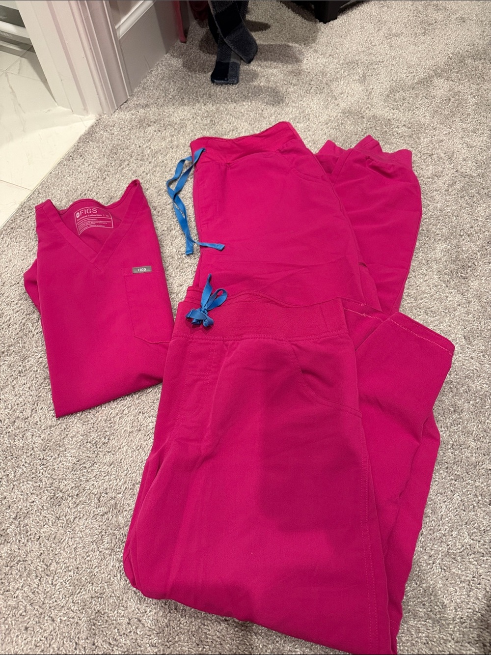 Figs Raspberry Scrub Top and Pants with Blue Drawstrings